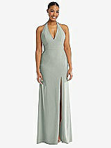 Front View Thumbnail - Willow Green Plunge Neck Halter Backless Trumpet Gown with Front Slit