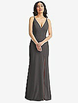 Front View Thumbnail - Caviar Gray Skinny Strap Deep V-Neck Crepe Trumpet Gown with Front Slit