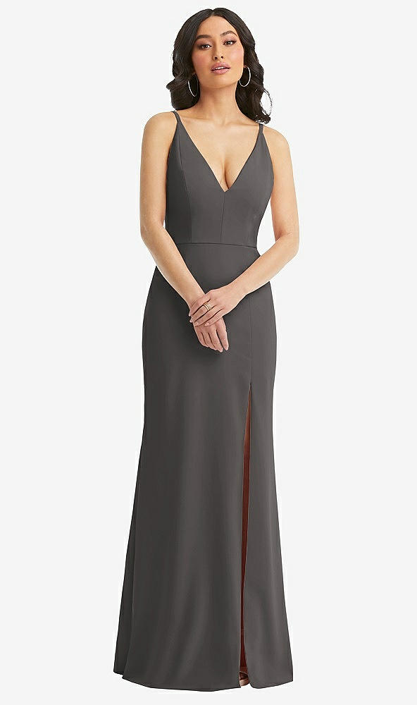 Front View - Caviar Gray Skinny Strap Deep V-Neck Crepe Trumpet Gown with Front Slit