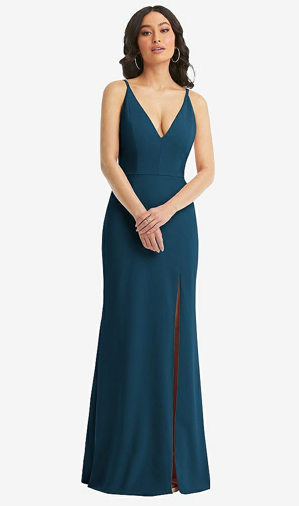 Front View - Atlantic Blue Skinny Strap Deep V-Neck Crepe Trumpet Gown with Front Slit