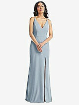Front View Thumbnail - Mist Skinny Strap Deep V-Neck Crepe Trumpet Gown with Front Slit