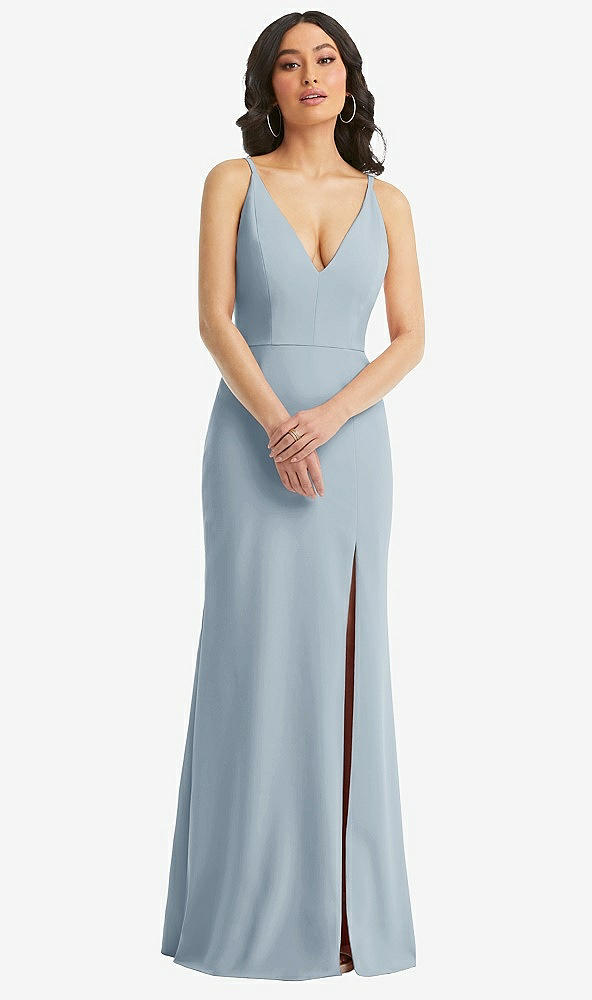 Front View - Mist Skinny Strap Deep V-Neck Crepe Trumpet Gown with Front Slit