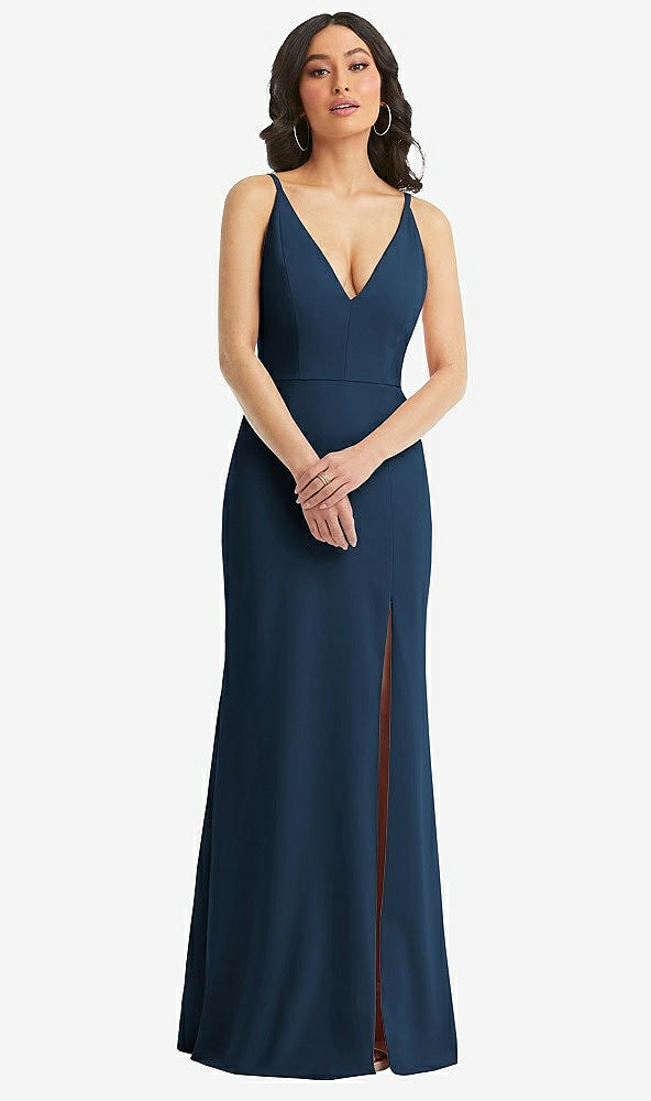 Front View - Sofia Blue Skinny Strap Deep V-Neck Crepe Trumpet Gown with Front Slit