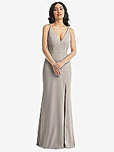 Front View Thumbnail - Taupe Skinny Strap Deep V-Neck Crepe Trumpet Gown with Front Slit