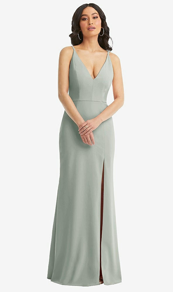 Front View - Willow Green Skinny Strap Deep V-Neck Crepe Trumpet Gown with Front Slit