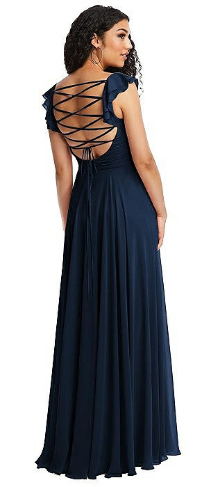 Shirred Cross Bodice Lace Up Open-Back Maxi Dress with Flutter Sleeves