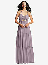 Front View Thumbnail - Lilac Dusk Drawstring Bodice Gathered Tie Open-Back Maxi Dress with Tiered Skirt