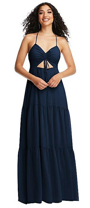 Drawstring Bodice Gathered Tie Open-Back Maxi Dress with Tiered Skirt