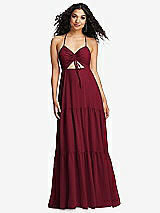 Alt View 2 Thumbnail - Burgundy Drawstring Bodice Gathered Tie Open-Back Maxi Dress with Tiered Skirt