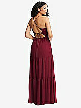 Rear View Thumbnail - Burgundy Drawstring Bodice Gathered Tie Open-Back Maxi Dress with Tiered Skirt