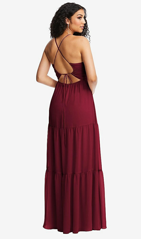 Back View - Burgundy Drawstring Bodice Gathered Tie Open-Back Maxi Dress with Tiered Skirt
