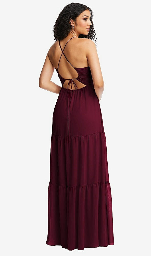 Back View - Cabernet Drawstring Bodice Gathered Tie Open-Back Maxi Dress with Tiered Skirt