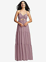 Front View Thumbnail - Dusty Rose Drawstring Bodice Gathered Tie Open-Back Maxi Dress with Tiered Skirt