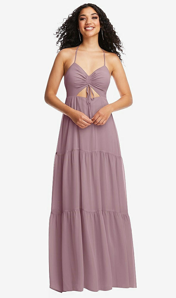 Front View - Dusty Rose Drawstring Bodice Gathered Tie Open-Back Maxi Dress with Tiered Skirt