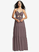 Front View Thumbnail - French Truffle Drawstring Bodice Gathered Tie Open-Back Maxi Dress with Tiered Skirt