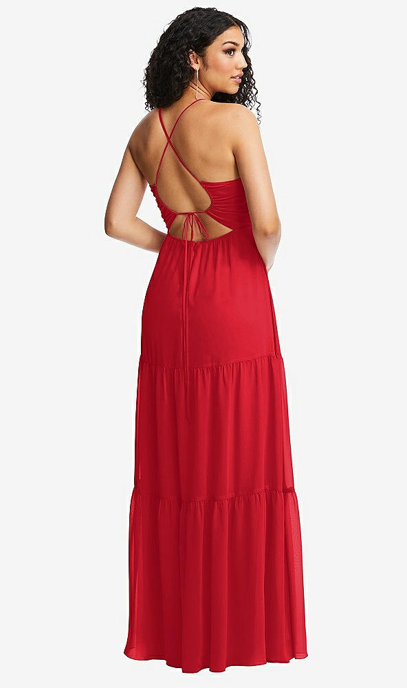 Back View - Parisian Red Drawstring Bodice Gathered Tie Open-Back Maxi Dress with Tiered Skirt