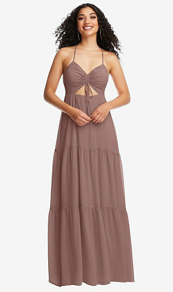 Front View - Sienna Drawstring Bodice Gathered Tie Open-Back Maxi Dress with Tiered Skirt