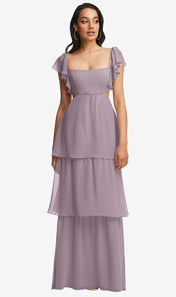 Front View - Lilac Dusk Flutter Sleeve Cutout Tie-Back Maxi Dress with Tiered Ruffle Skirt