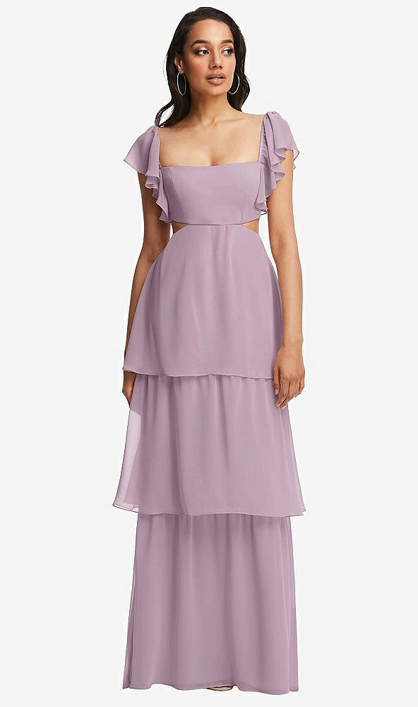 Front View - Suede Rose Flutter Sleeve Cutout Tie-Back Maxi Dress with Tiered Ruffle Skirt