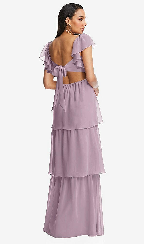 Back View - Suede Rose Flutter Sleeve Cutout Tie-Back Maxi Dress with Tiered Ruffle Skirt