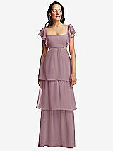Front View Thumbnail - Dusty Rose Flutter Sleeve Cutout Tie-Back Maxi Dress with Tiered Ruffle Skirt