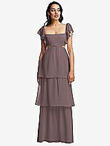 Front View Thumbnail - French Truffle Flutter Sleeve Cutout Tie-Back Maxi Dress with Tiered Ruffle Skirt