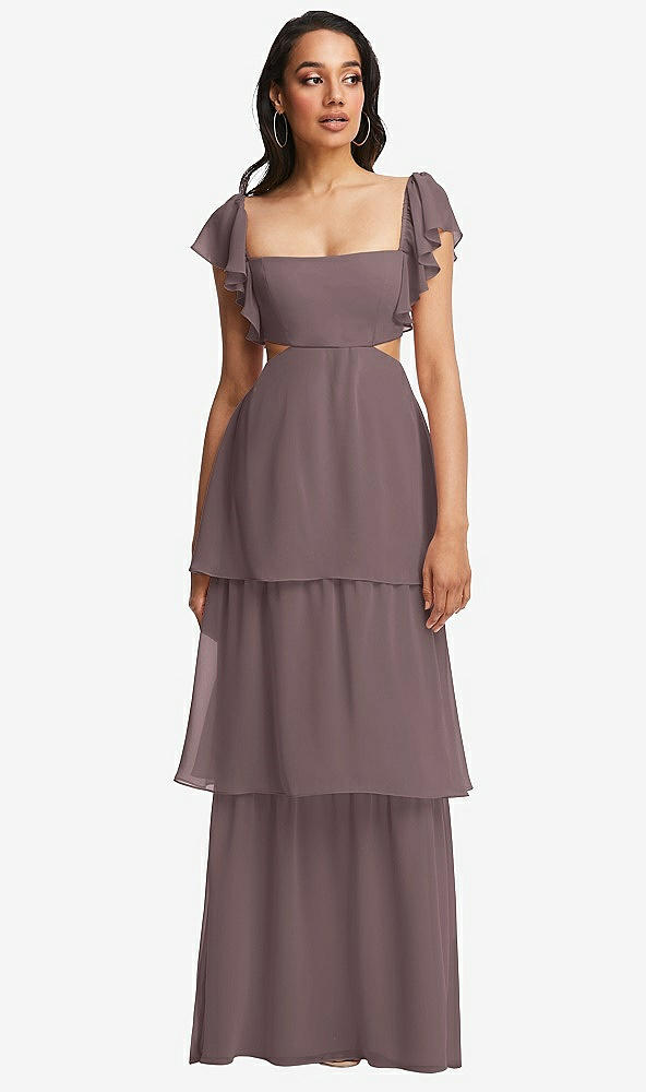 Front View - French Truffle Flutter Sleeve Cutout Tie-Back Maxi Dress with Tiered Ruffle Skirt