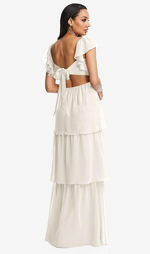 Back View - Ivory Flutter Sleeve Cutout Tie-Back Maxi Dress with Tiered Ruffle Skirt