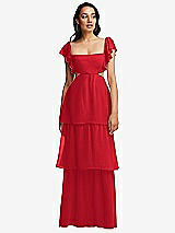 Front View Thumbnail - Parisian Red Flutter Sleeve Cutout Tie-Back Maxi Dress with Tiered Ruffle Skirt