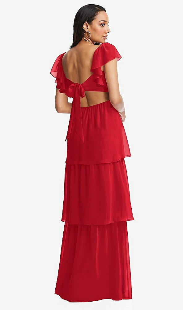 Back View - Parisian Red Flutter Sleeve Cutout Tie-Back Maxi Dress with Tiered Ruffle Skirt
