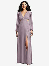 Front View Thumbnail - Lilac Dusk Long Puff Sleeve Cutout Waist Chiffon Maxi Dress 