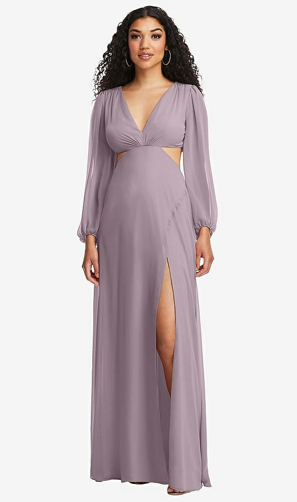 Front View - Lilac Dusk Long Puff Sleeve Cutout Waist Chiffon Maxi Dress 
