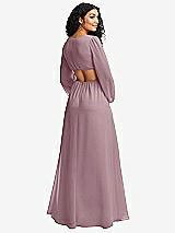 Rear View Thumbnail - Dusty Rose Long Puff Sleeve Cutout Waist Chiffon Maxi Dress 