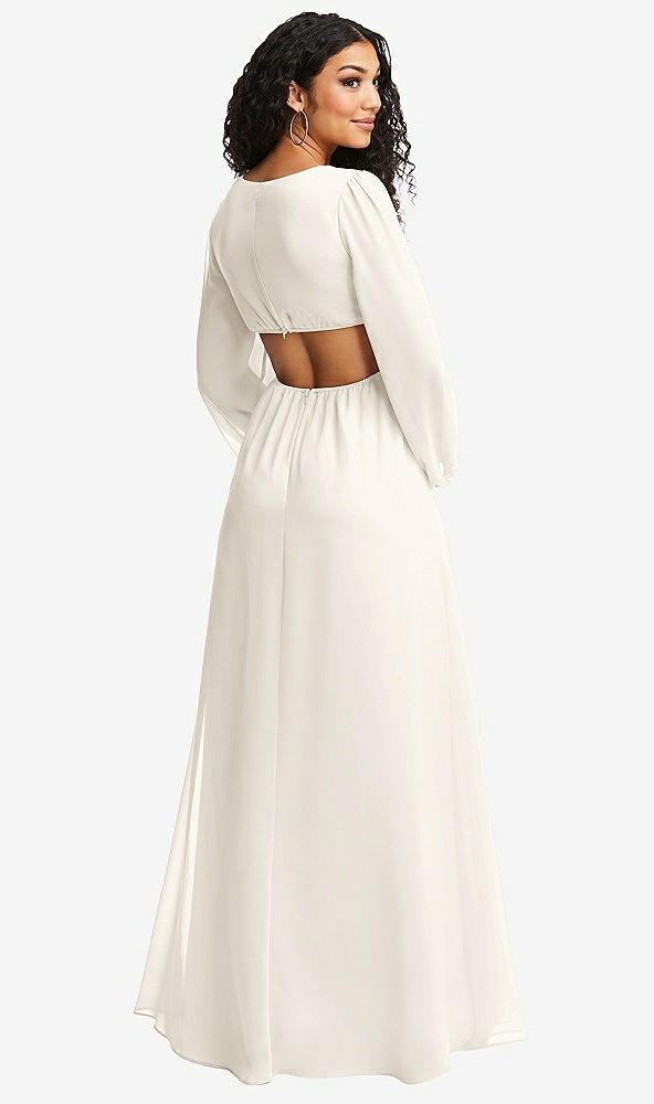 Back View - Ivory Long Puff Sleeve Cutout Waist Chiffon Maxi Dress 