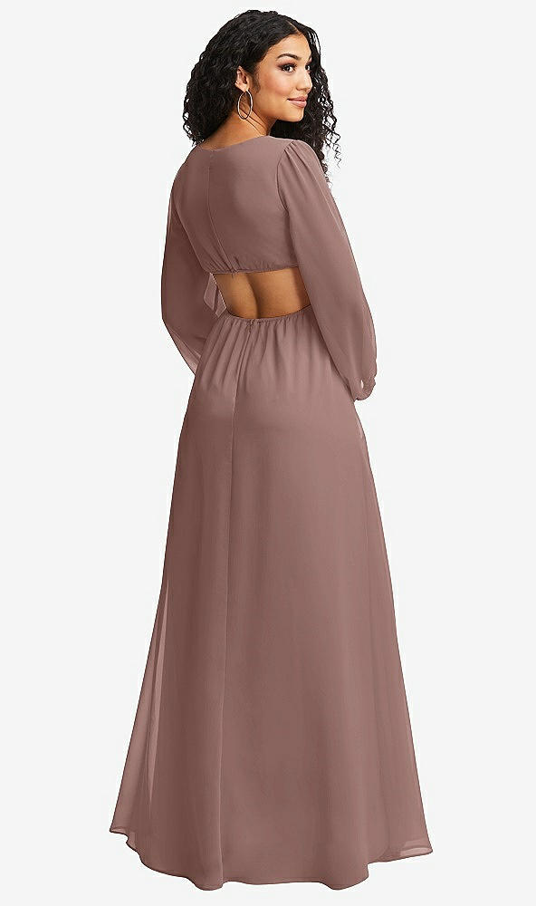 Back View - Sienna Long Puff Sleeve Cutout Waist Chiffon Maxi Dress 