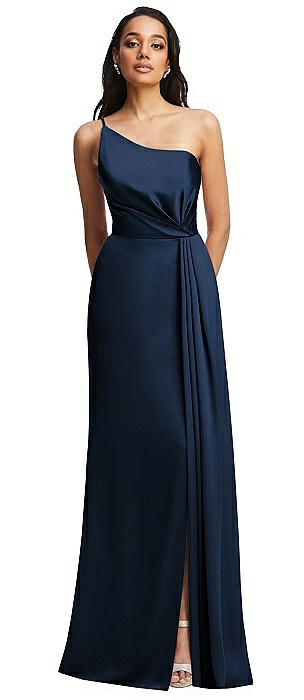 One-Shoulder Draped Skirt Satin Trumpet Gown