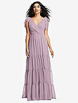 Front View Thumbnail - Suede Rose Bow-Shoulder Faux Wrap Maxi Dress with Tiered Skirt