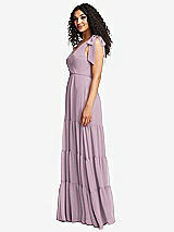 Side View Thumbnail - Suede Rose Bow-Shoulder Faux Wrap Maxi Dress with Tiered Skirt