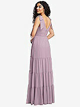 Rear View Thumbnail - Suede Rose Bow-Shoulder Faux Wrap Maxi Dress with Tiered Skirt