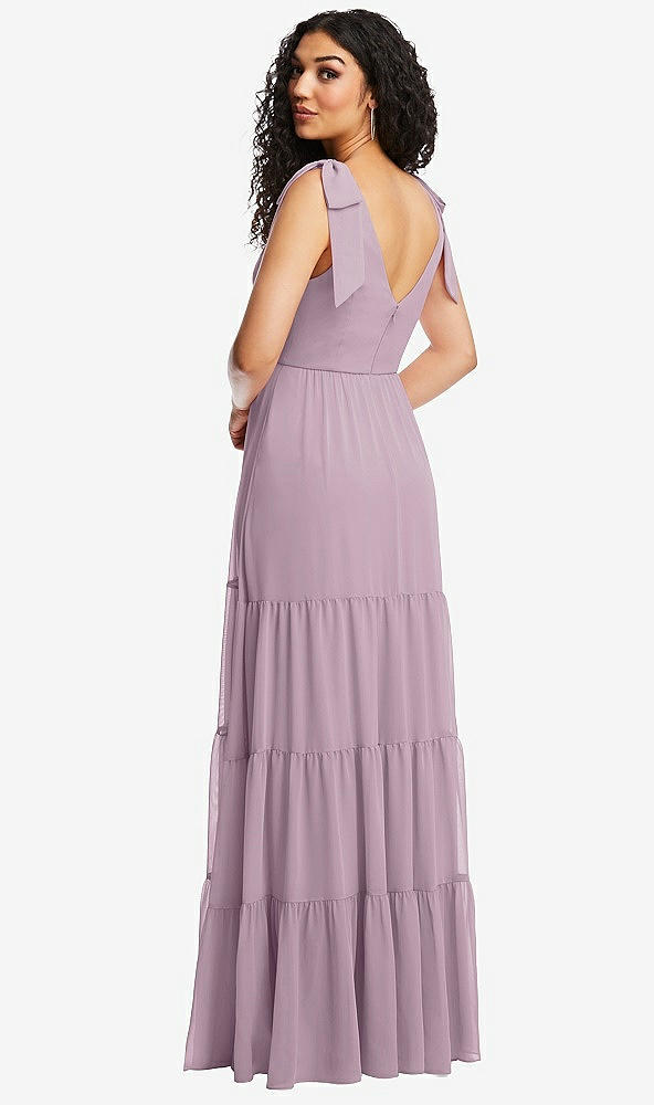 Back View - Suede Rose Bow-Shoulder Faux Wrap Maxi Dress with Tiered Skirt