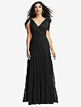 Front View Thumbnail - Black Bow-Shoulder Faux Wrap Maxi Dress with Tiered Skirt