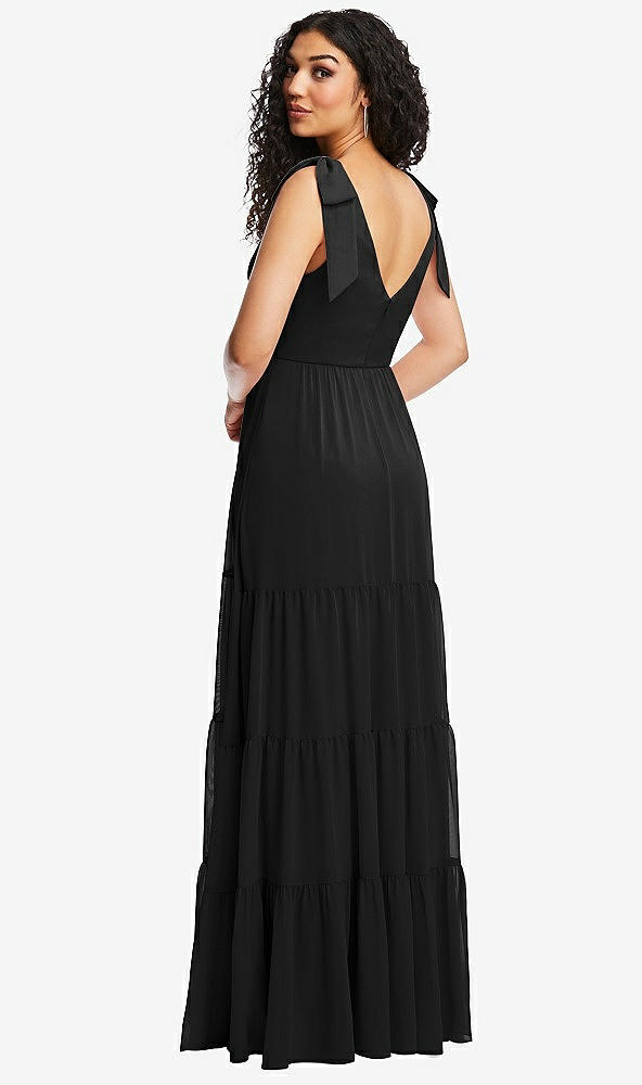 Back View - Black Bow-Shoulder Faux Wrap Maxi Dress with Tiered Skirt