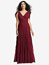 Front View Thumbnail - Burgundy Bow-Shoulder Faux Wrap Maxi Dress with Tiered Skirt