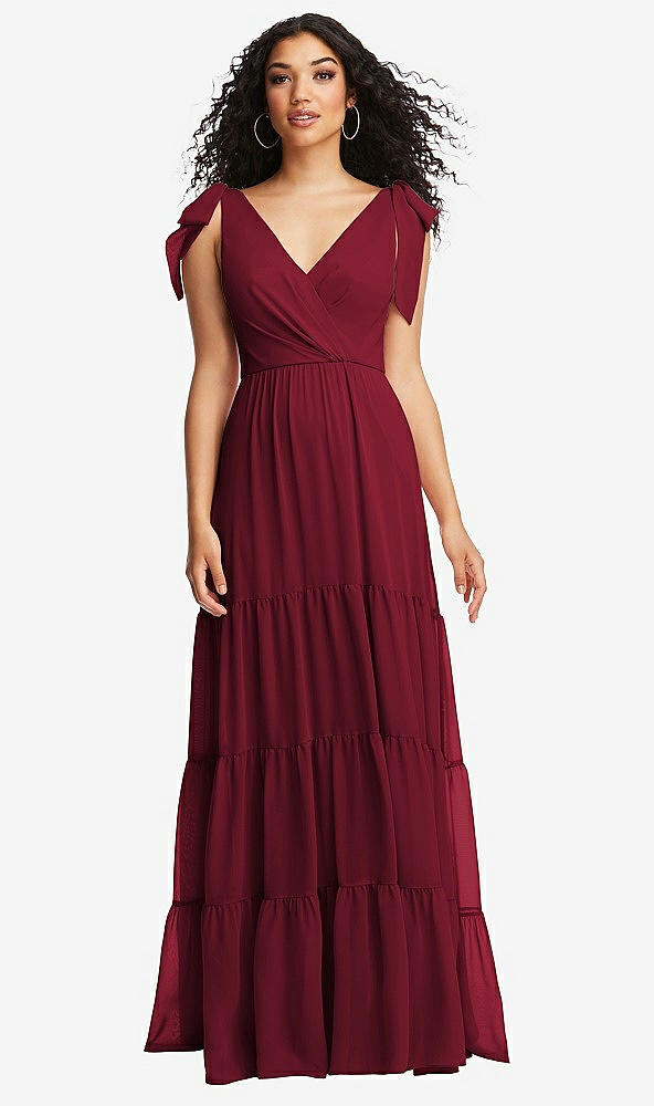Front View - Burgundy Bow-Shoulder Faux Wrap Maxi Dress with Tiered Skirt