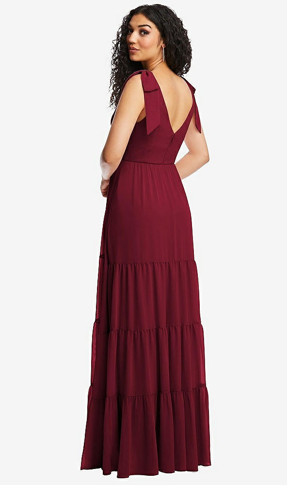Back View - Burgundy Bow-Shoulder Faux Wrap Maxi Dress with Tiered Skirt