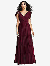 Front View Thumbnail - Cabernet Bow-Shoulder Faux Wrap Maxi Dress with Tiered Skirt