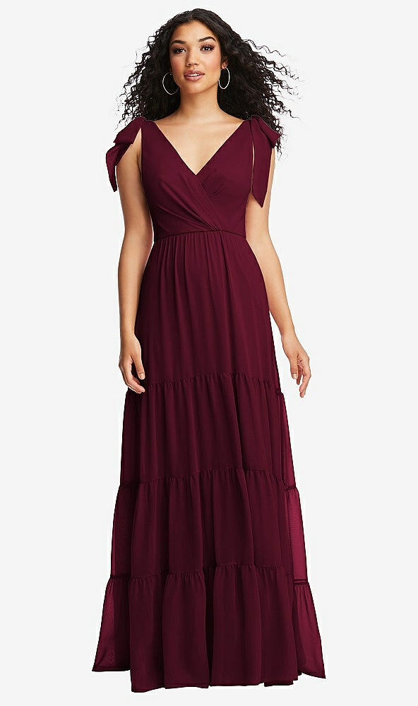 Front View - Cabernet Bow-Shoulder Faux Wrap Maxi Dress with Tiered Skirt
