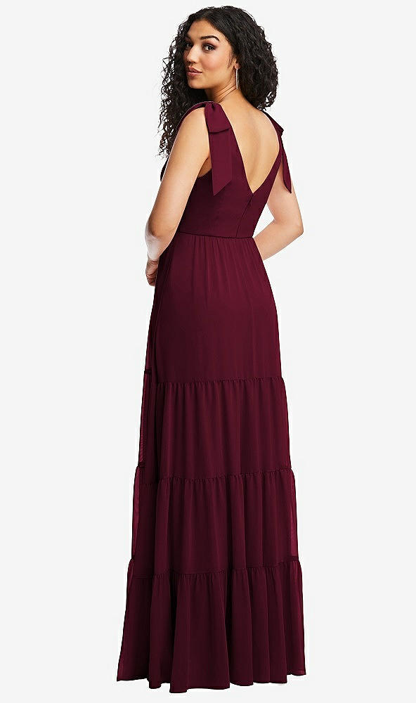 Back View - Cabernet Bow-Shoulder Faux Wrap Maxi Dress with Tiered Skirt