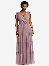 Alt View 1 Thumbnail - Dusty Rose Bow-Shoulder Faux Wrap Maxi Dress with Tiered Skirt