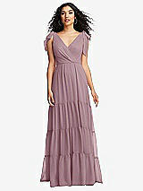 Front View Thumbnail - Dusty Rose Bow-Shoulder Faux Wrap Maxi Dress with Tiered Skirt